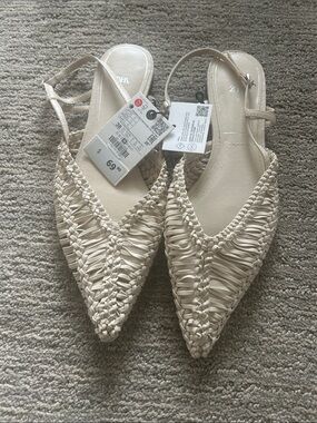 Zara Cream Braided Pointed Slingback Flats